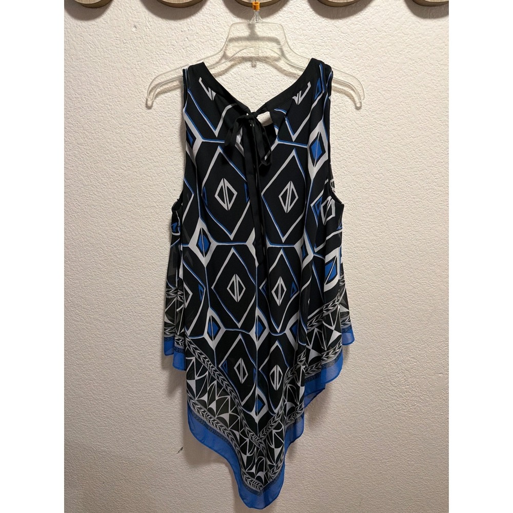 Vince Camuto Women Black Blue Geometric Print Sleeveless Tie Back Tunic Top L - Picture 3 of 3